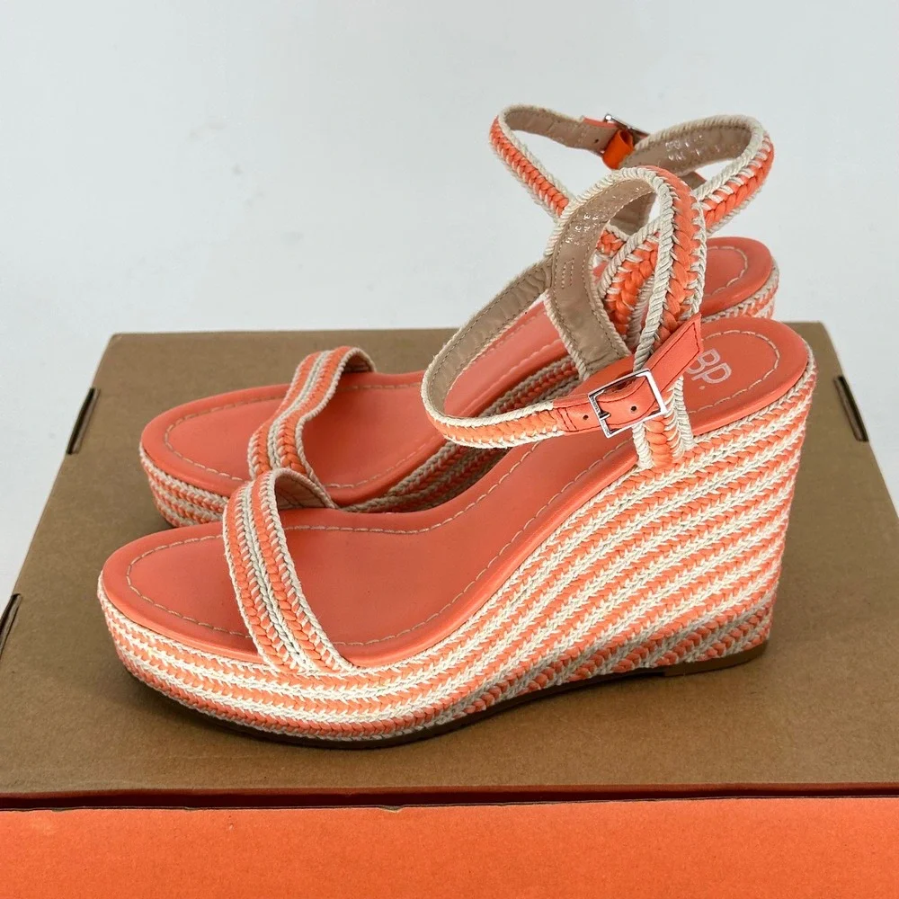 BP. Camelia Woven Orange White Wedge Sandals Buckle Ankle Summer Vacay 8 M